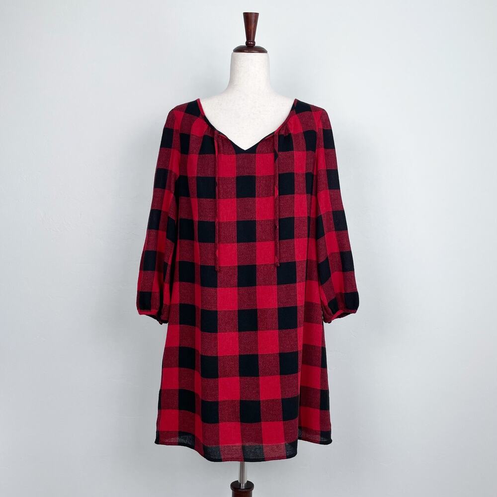 Madewell Red Buffalo Plaid Holiday Christmas Long Sleeve Mini Shift Dress SMALL